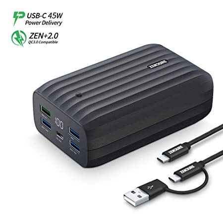 5 Ports USB-C Hub Portable Charger 20000mAh, Zendure X6 45W PD&QC 3.0 Power Bank (LED Display, UPS Continuous Power, Low Power Mode) Compatible Macbook, iPhone, Smartwatches, More – Black