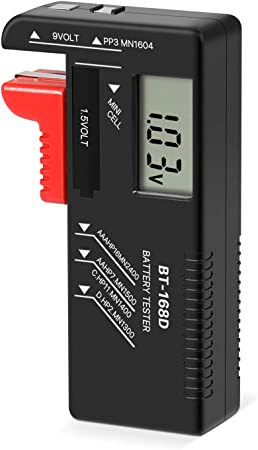 Flexzion Universal Battery Tester Volt Checker Load Test for AA AAA C/D 9V 1.5V Button Cell Type Batteries with LCD Digital Display and Adjustable Arm Easy to Read