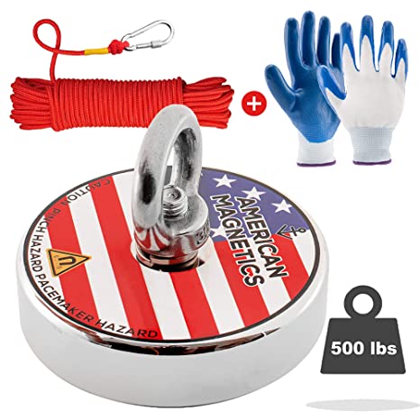 Fishing Magnet Kit 500 Lb, Gloves,Nylon Rope, and Carabiner, Strong Magnet Great for Magnet Fishing Neodymium Magnets for Treasure Hunting Underwater Retrieving
