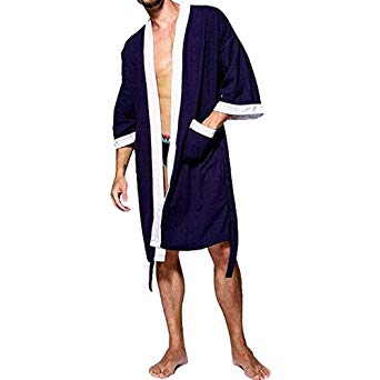 Tyjtyrjty Men's Waffle Kimono Robe Cotton Lightweight Nightgowns Spa Terry Cloth Bathrobe Sleepwear with Pockets
