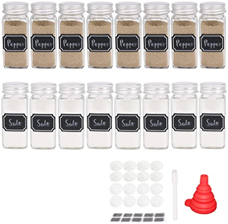 BPFY 4 oz Set of 24 Glass Spice Jars with Shaker Lids and Aluminum Caps, Chalk Labels, Pen, Silicone Collapsible Funnel, Spice Bottles, Spice Containers for Kitchen Cabinet