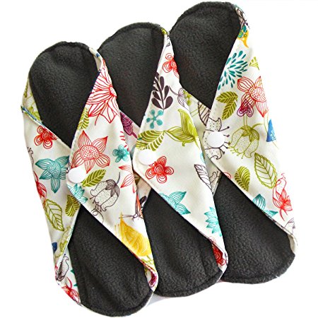Heart Felt Reusable XL Cloth Menstrual Pads (3 Pack, Heavy Flow) with Charcoal Absorbency Layer, Washable Sanitary Napkins, Overnight Long Panty Liners (Floral Print)