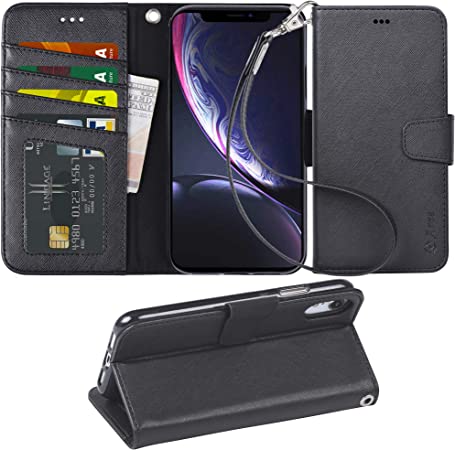 Arae Wallet Case Designed for iPhone XR PU Leather flip case Cover [Stand Feature] with Wrist Strap and [4-Slots] ID&Credit Cards Pocket for iPhone XR 6.1 inch -Black