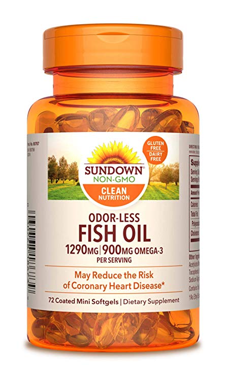 Sundown Naturals Fish Oil Omega 3- 1290 mg, 72 Odorless Coated Mini Softgels