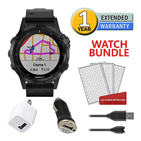 Garmin Fenix 5 Plus GPS Heart Rate Monitor 47mm - Carbon Gray Titanium Running Watch Bundle with Charger and Screen Protectors