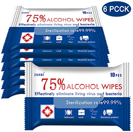6 Packs, 60 Pcs Alcohol Wipes, Large Wet Wipes, 75% Soft Hand Wipes Travel Suitable for Family All Daily Protection