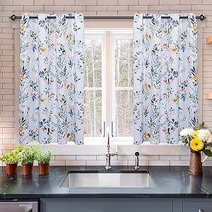 MYSKY HOME Kitchen Curtains 54 inch Long Floral Blackout Curtains Thermal Insulated Room Darkening Curtains Grommet Top 2 Panels for Bedroom Bathroom Dormer Window, Yellow and Blue