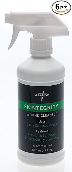 Medline Skintegrity Wound Cleanser (pack of 6), 16 ounce Spray Bottle, for wound cleaning, debridement, removing protein, pressure injuries, infected wounds, spray can be adjusted from mist to stream