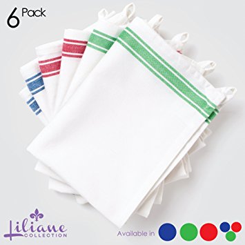 Kitchen Dish Towels (18”x28”) - 6 Units - 100% Cotton Dish Towels - Vintage Design with Two Colorful Side Stripes. Classic Kitchen Towel Set Includes Two Red Towels, Two Green Towels and Two Blue Towels. Absorbent Kitchen Towels with Hanging Loop. Liliane Collection Quality Towels. (6, Multi)