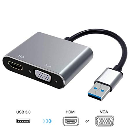 USB3.0 to HDMI VGA Adapter Dual Output, USB to VGA HDMI HD 1080P Converter Cable for Windows 7/8/10 Computers