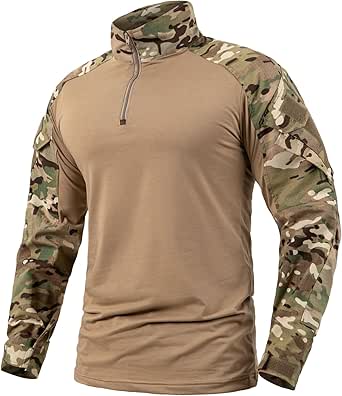 CARWORNIC Men's Tactical Combat Shirt, 1/4 Zipper Long Sleeve Camo Army Military T Shirt