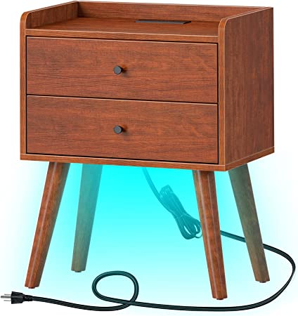 Rolanstar Nightstand with Charging Station and LED Lights, Mid Century Modern End Table with 2 Sliding Drawers for Living Room, Bed Side Table for Bedroom - Caramel