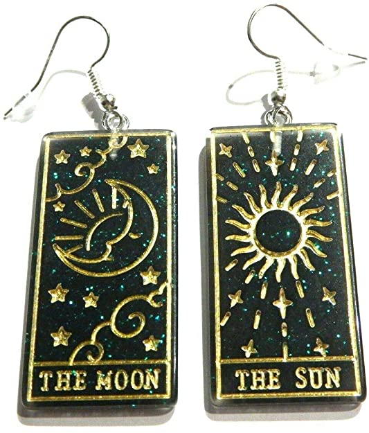 HYPOALLERGENIC TAROT CARD EARRINGS The Sun & The Moon black glitter gold gothic drop pendants