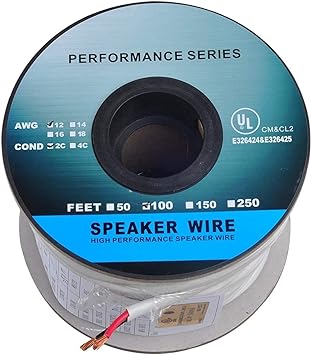 Pro Series 12 Gauge 2-Conductor Speaker Wire (100 Feet / 30 Meters) White 99.9% Oxygen Free Copper ETL Listed & CL2 Rated with White PVC Jacket (for in-Wall Installation)