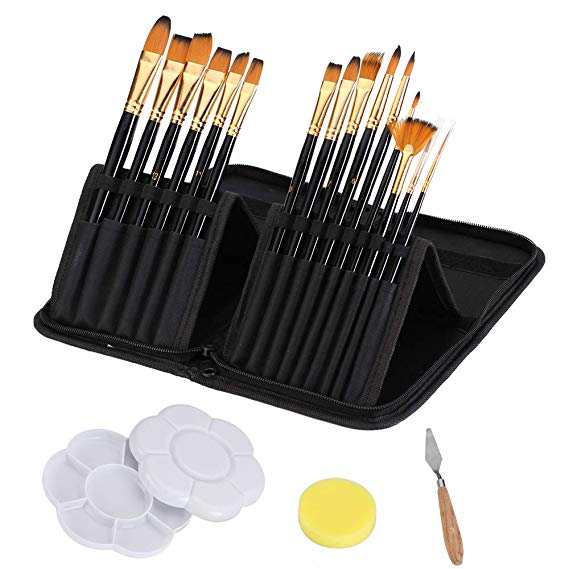 CADITEX Artist Paint Brush Set for Body Paint, Acrylics and Oil Paintings, 15 Different Shapes and Sizes with Free Painting Knife, Painting Palette and Watercolor Sponge (Black)