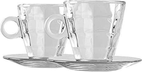 Bormioli Rocco 12 Piece Cube Glass Tea and Coffee Cups and Saucers Set - Tempered Mugs for Latte Macchiato Matcha - 320ml