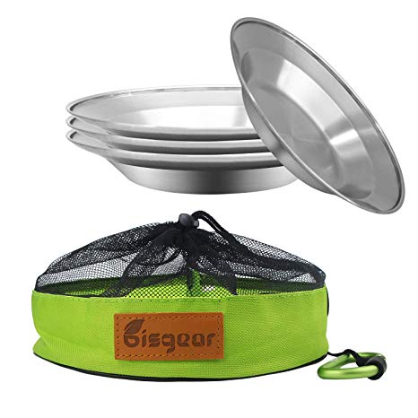 Bisgear Camping Stainless Steel 8.5 inch Kitchen Dinner Plate Pack of 6   Carabiner   Dishcloth Mess kit Outdoor Dinnerware Set BPA Free Round Plates for Backpacking, Hiking, Picnic & BBQ