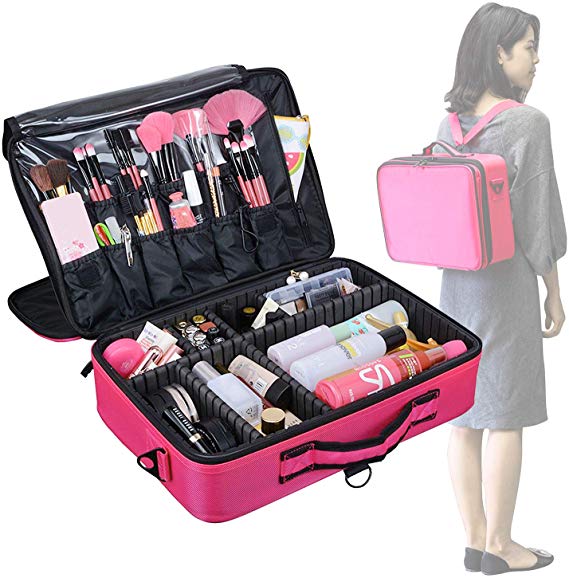 AMASAVA Makeup Cosmetic Case, Large Space 3 Layers Travel Makeup Box 16" Portable Artist Bag Toiletry Organizer Beauty Storage Case Vanity Bag with Shoulder Strap Adjustable Divider Rose