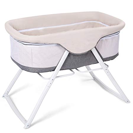 Costzon Baby Bassinet, Lightweight Rocking Crib with Detachable & Washable Mattress, Breathable Side Mesh, Portable Oxford Carry Bag (Gray)
