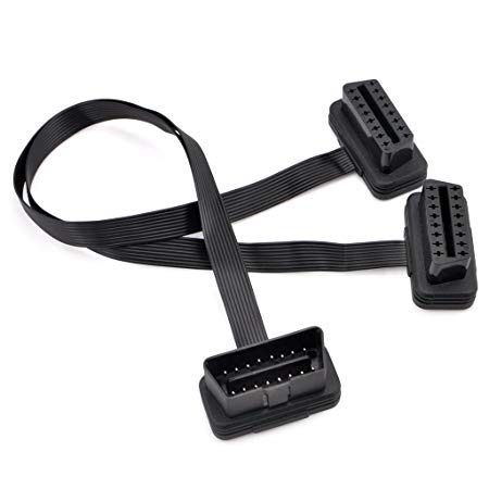 iKKEGOL Ultra Low Profile Left or Right Angle OBD II 2 Y Splitter Cable, 2 Female to 1 Male OBD2 J1962 Ports Extension Connector Adapter 50cm/20