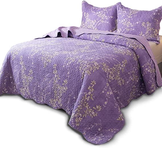 Kasentex Country-Chic Printed Pre-Washed Quilt Set - Microfiber Fabric Quilted Pattern Bedding (Purple Floral, Queen   2 Shams)