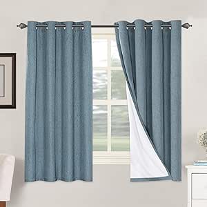 H.VERSAILTEX Linen Blackout Curtains 63 Inches Long 100% Blackout Thermal Insulated Textured Linen Look Curtain Draperies Anti-Rust Grommet, Energy Saving with White Liner, 2 Panels, Stone Blue