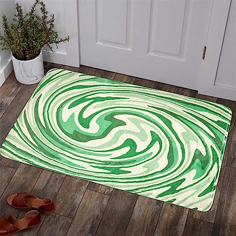 YoKii Green Abstract Art Throw Rugs 2x3 Faux Wool Shag Plush Hippie Aesthetic Bathroom Rug Non-Slip Trippy Spiral Retro Geometric Small Area Rug for Kitchen Entryway Indoor Doormat