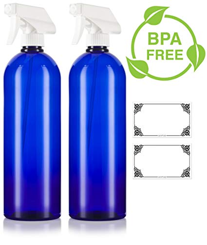 Cobalt Blue 32 oz Large Boston Round PET Bottles (BPA Free) with White Heavy Duty Industrial Trigger Sprayer (2 pack)   Labels