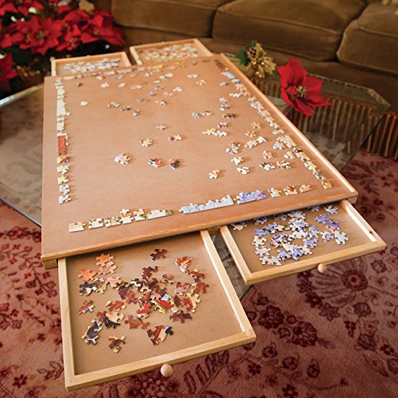 Jumbo Size Wooden Puzzle Plateau-Smooth Fiberboard Work Surface - Four Sliding Drawers Complete This Puzzle Storage System