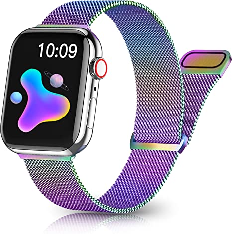 Rabini Metal Magnetic Band Compatible with Apple Watch 38mm 40mm 41mm 42mm 44mm 45mm, Stylish Stainless Steel Mesh Sport Loop Replacement Bands for iWatch SE Series 7 6 5 4 3 2 1 Women Men, Multicolor