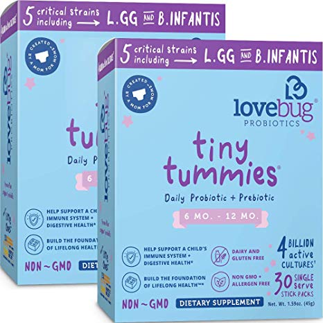 Lovebug Probiotics Tiny Tummies Probiotics, 60 Packets, Infant & Baby Probiotic Supplements for Babies 6-12 Months, Flavorless Powder - Oral Probiotics Kids - Helps Reduce Crying