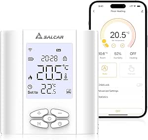 SALCAR Thermostat Connecté WiFi Chaudiere Gaz/Chauffage au Sol Eau Thermostat Programmable Tête Thermostatique avec humidité Compatible avec Amazon Alexa et Google Home Thermostat Tuya