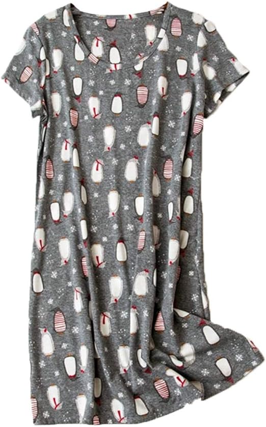PNAEONG Women's Cotton Nightgown Sleepwear Short Sleeves Shirt Casual Print Sleepdress