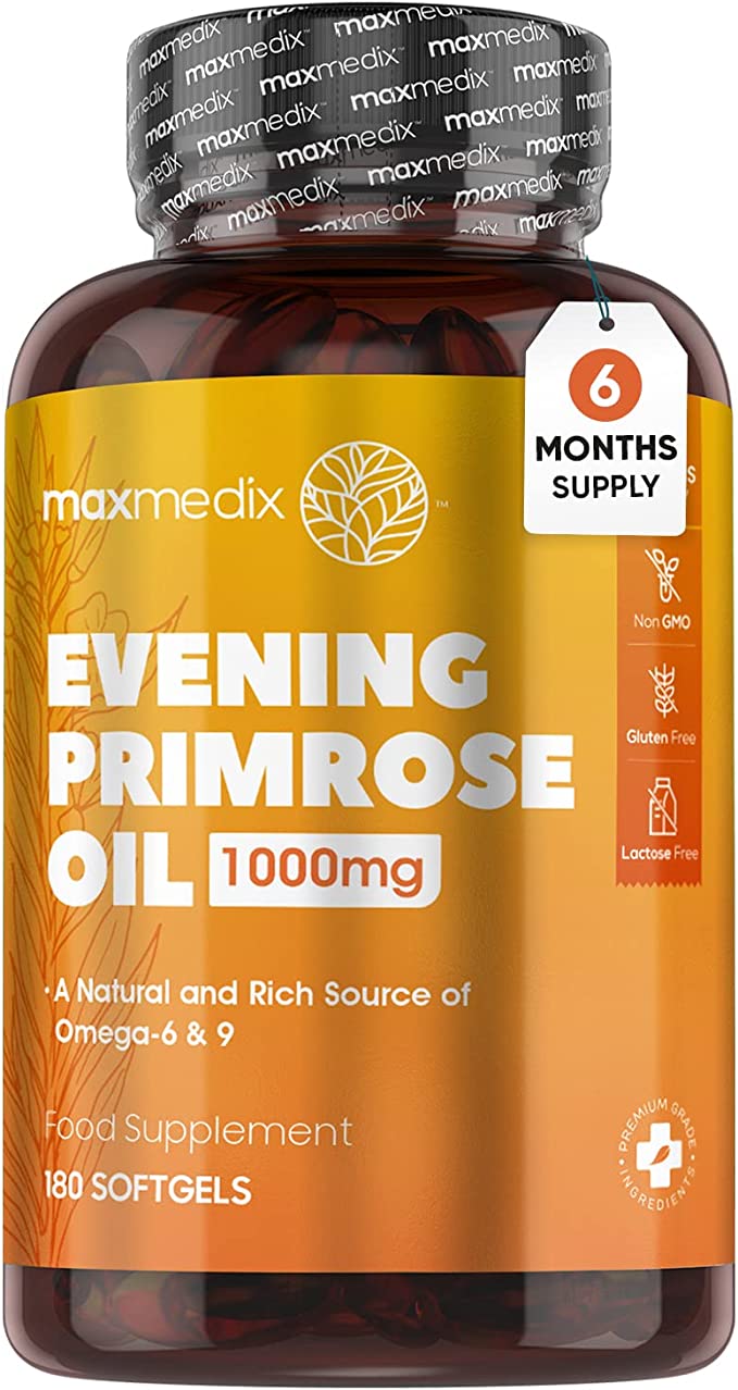 Evening Primrose Oil 1000mg (6 Months Supply) - 604mg Omega 6 Fatty Acids (101mg GLA & 503mg Linolenic Acid) & 256mg Omega 9 - Cold Pressed Evening Primrose Oil Capsules Softgels for Women & Men