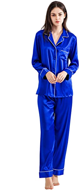 Women's Silky Satin Pajamas, Button Up Long Sleeve PJ Set Sleepwear
