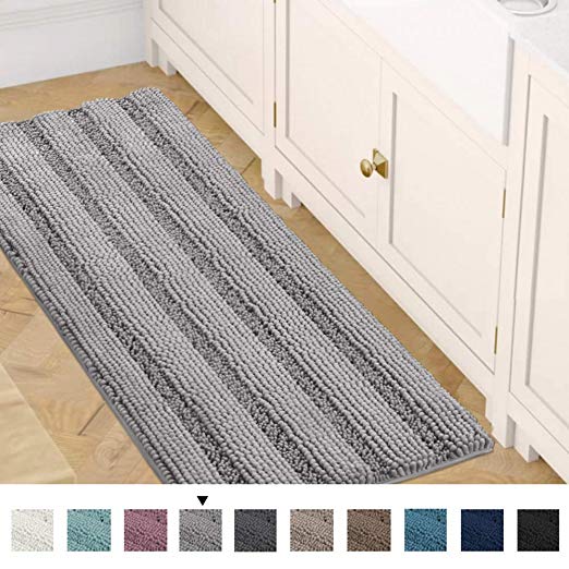 Bath Rug Runner 47" x 17" Bathroom Rug Bath Mat Non-Slip Striped Luxury Chenille Large Bathroom Rug Mat Extra Soft and Absorbent Shaggy Rugs for Indoor Floor Machine Washable, Dove