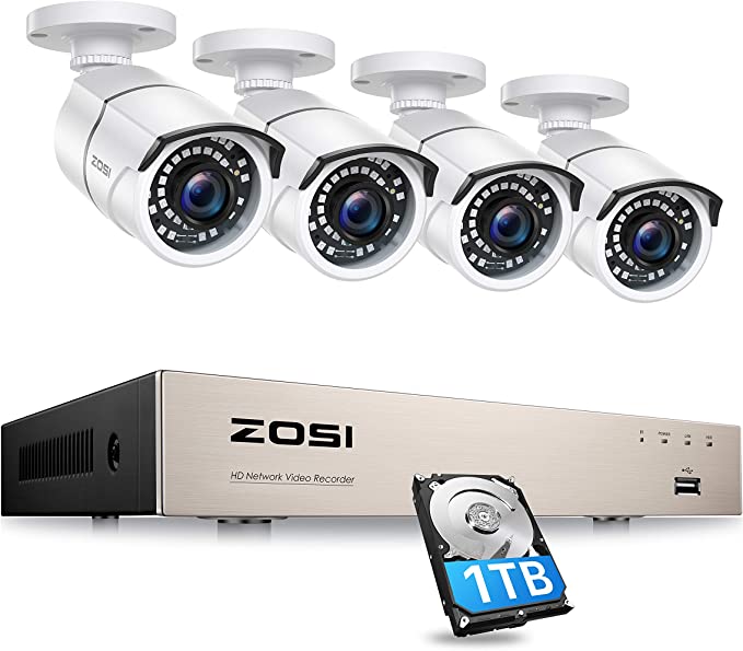 ZOSI 8CH 5MP PoE Home Security Camera System, 4K 8CH NVR Recorder with 1TB HDD, 4pcs 1920P Wired Outdoor Indoor PoE Security Camera, Motion Alert,120ft Night Vision,Remote Access for 24/7 Recording