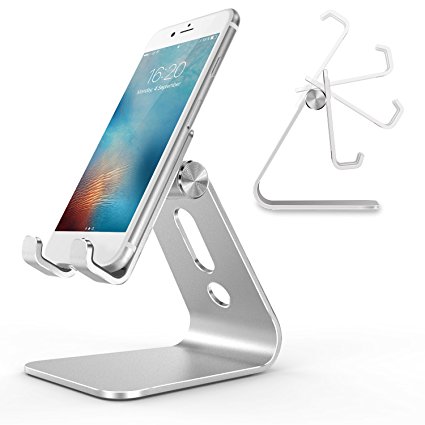 Cell Phone Stand, OMOTON Universal Adjustable Aluminum Desktop Cell Phone Tablet Stand Holder for Cell Phones (All size) and E-readers, Silver