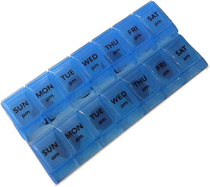 Apex 7- Day Push to Open Pill Organizer, 1x Per Day or AM/PM (AM/PM with Tray, Blue)