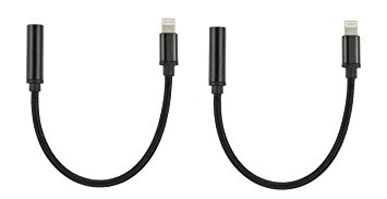 iPhone 7 Headphone Adapter (No Audio Controls or Mic use for Phone), K-ble Brand - Lightning Port to 3.5mm Female Audio Jack Headphone Cable Adapter (Black Nylon Braided) - 2 Pack