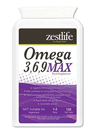 Omega 3,6,9 MAX 1000mg - 120 Capsules Fatty Acids and EPA & DHA vital for skin, circulatory system, brain, arthritis, high blood pressure, lowering high cholesterol