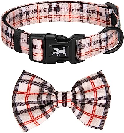 PoyPet Plaid Dog Collar Bow Tie Set - Cute Adjustable Soft for Small Puppy (Checkered Beige,S)