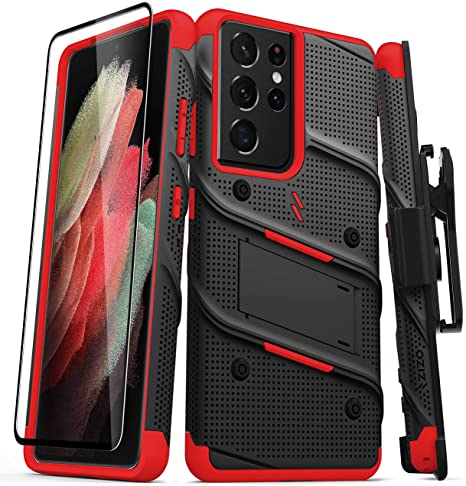 ZIZO Bolt Series for Galaxy S21 Ultra Case with Screen Protector Kickstand Holster Lanyard - Black & Red