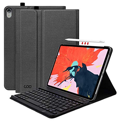 iPad Pro 11 Keyboard Case, COO Folio Cover iPad Case with Wireless Keyboard for iPad Pro 11 2018 Support Apple Pencil Charging with Additional Pencil Holder, Black
