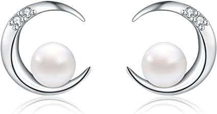 MEGA CREATIVE JEWELRY Moon Pearl White Freshwater 925 Sterling Silver Studs Earrings Crystals from Swarovski