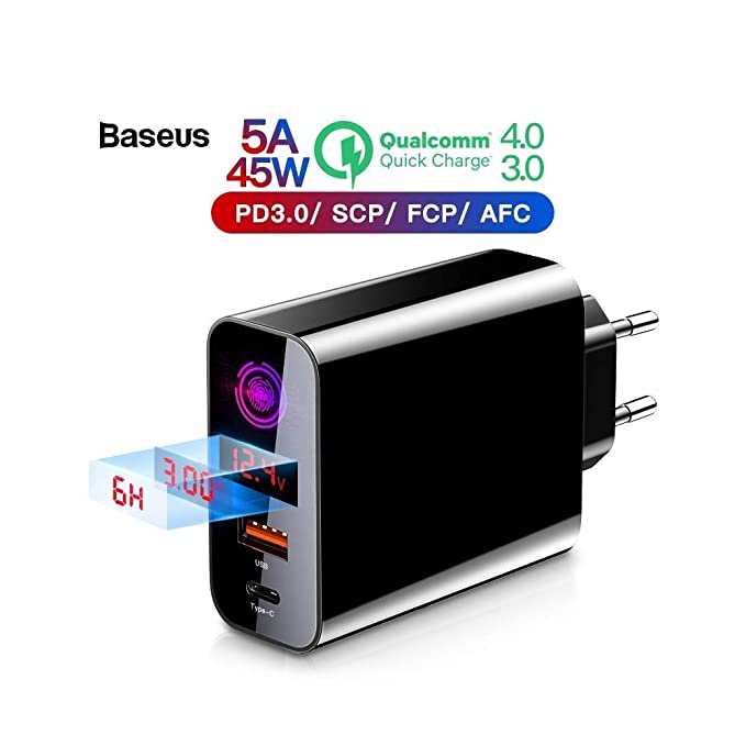 Baseus 45W QC 3.0 Digital Display PPS Intelligent Power-Off Wall Charger USB and Type-C Dual Port