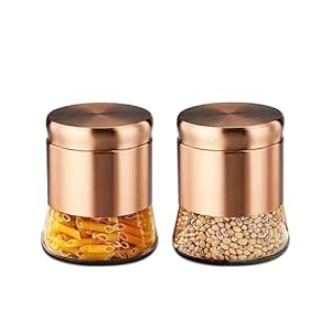 Amazon Brand - Solimo Rose Gold Bell Bottom Glass Jar|Multipurpose Kitchen Organizer With See-Through Window|880 Ml Set Of 2