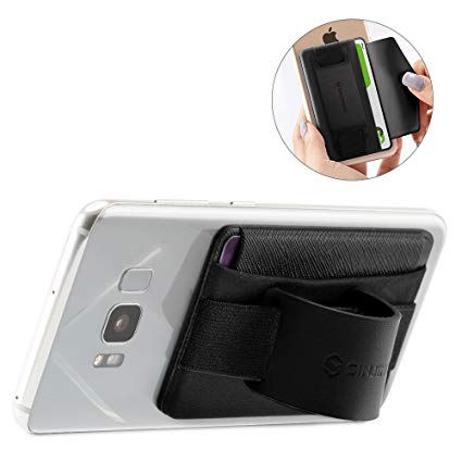 Sinjimoru Phone Grip Card Holder with Phone Stand, Stick on Wallet Functioning as Safety Card Holder for ID/IC Card Useful Leather Phone Stand and Phone Holder. Sinji Pouch B-Grip, Black.