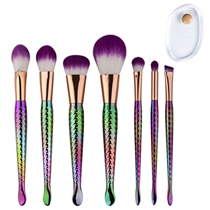 Affei 7Pcs Mermaid MakeUp Brushes Set Eyebrow Eyeliner Blush Foudation Cosmetic Tools 1pcs Silicone Makeup Sponge (Colorful)