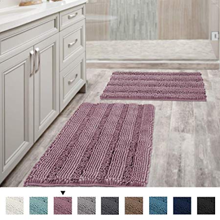 Mauve Bathroom Rugs Ultra Thick and Soft Texture Chenille Plush Striped Floor Mats Hand Tufted Bath Rug with Non-Slip Backing Microfiber Door Mat for Kitchen/Entryway (Pack 2-20" x 32"/17" x 24")